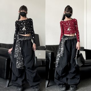 秋季新款童装潮酷女童修身露脐长袖腰封裤子少儿爵士舞女团套装