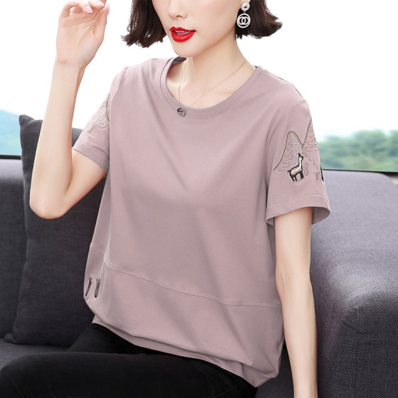 Pure cotton short-sleeved T-shirt for female mothers 2024 new style middle-aged and elderly style tops loose large size half-sleeved shirts