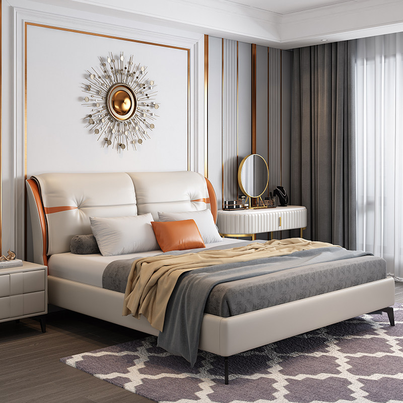 Nordic light luxury leather bed modern minimalist Italian master bedroom wedding bed double bed solid wood soft bag bed high box storage bed