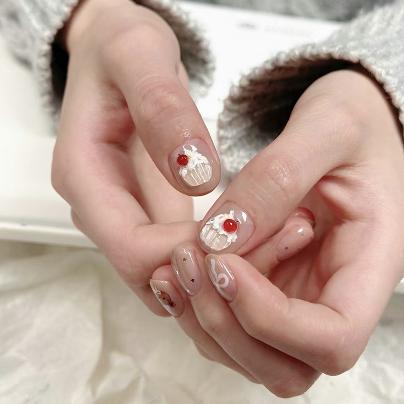 Lulu Wearable Nail Art Little Bear Bow Korean Style Cat Eye 3D Cake Nail Stickers Removable Fake Nails for Students