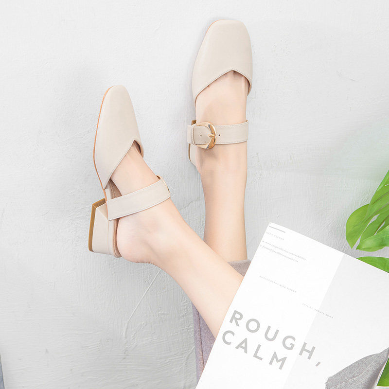 Thick Heel Baotou Slippers Women's Fashion 2021 Summer New Korean Version All-match Middle Heel Casual Lazy Sandals and Slippers