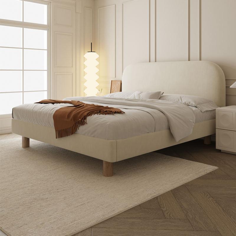 Design French-Style Cream-Colored Floor Bed, Modern Minimalist Fabric Bed for Children's Secondary Bedroom, Double Fabric Bed