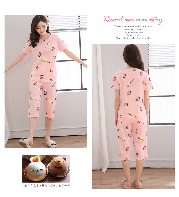 Quần tây mùa hè đồ ngủ nữ cotton tay ngắn có thể được mặc bên ngoài đồ ngủ phụ nữ mùa hè hai mảnh lỏng lẻo phù hợp với dịch vụ nhà pijama nam trung niên