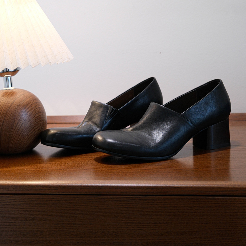 F.M Monk Shoes for Women, Vintage Distressed Genuine Leather, Chunky Heel, Slip-On, Round Toe, Mules, Versatile Loafers