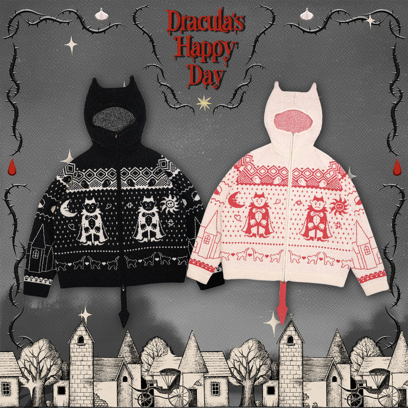 Meugler Niuchou Island Dracula Two-Tone Pointed Cat Ear Devil Tail Cardigan Fair Isle Sweater Coat