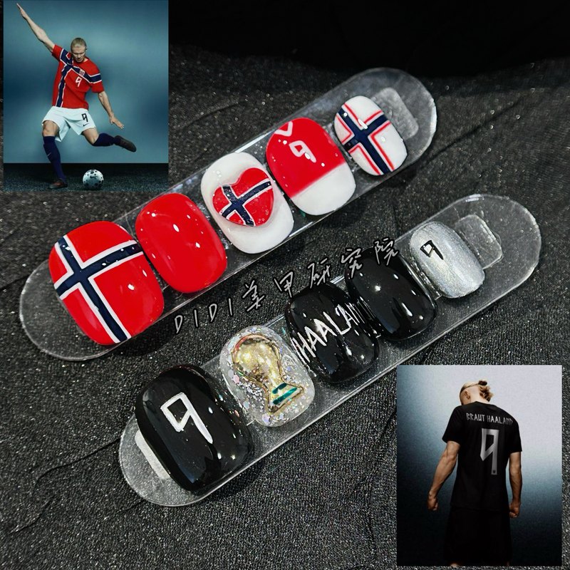 Norway Team Wears Short Nail Art for World Cup, Haaland Red, White, Black, Handmade Football Match Team Nail Art