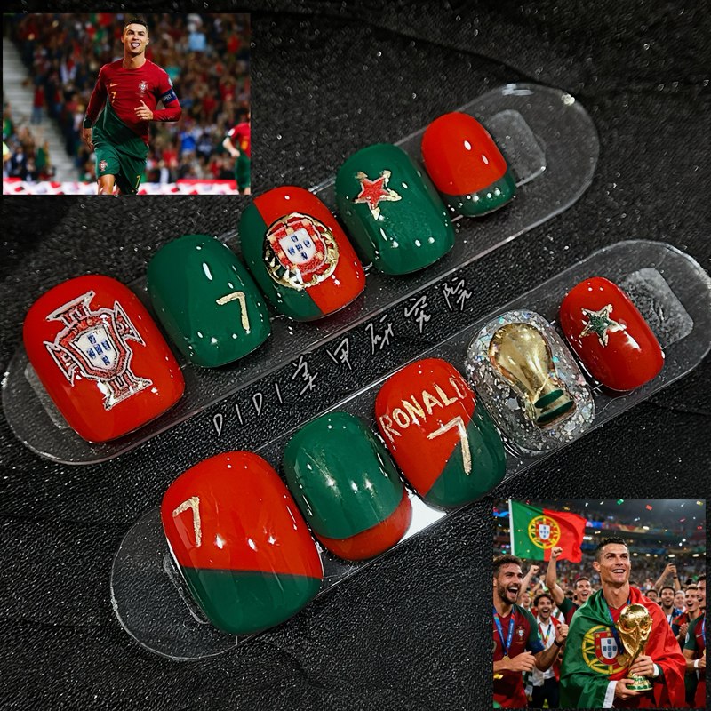 World Cup Portugal Team Wears Short, Medium and Long Nail Designs, Cristiano Ronaldo Red and Green Handmade Football Match Team Nail Art World Cup Portugal Team Wears Short, Medium and Long Nail Designs, Cristiano Ronaldo Red and Green Handmade Football Match Team Nail Art
