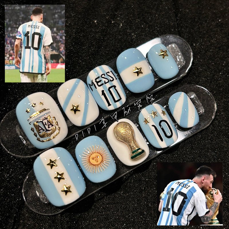 World Cup Argentina Team Wears Short, Medium and Long Nail Designs, Messi Blue and White Handmade Football Match Team Nail Art World Cup Argentina Team Wears Short, Medium and Long Nail Designs, Messi Blue and White Handmade Football Match Team Nail Art