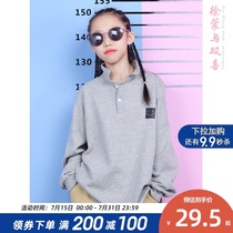  Spring and autumn cotton thickened long-sleeved girls  gray stand-up collar middle and large childrens Korean version of the Western style inner tie bottoming shirt without velvet childrens clothing