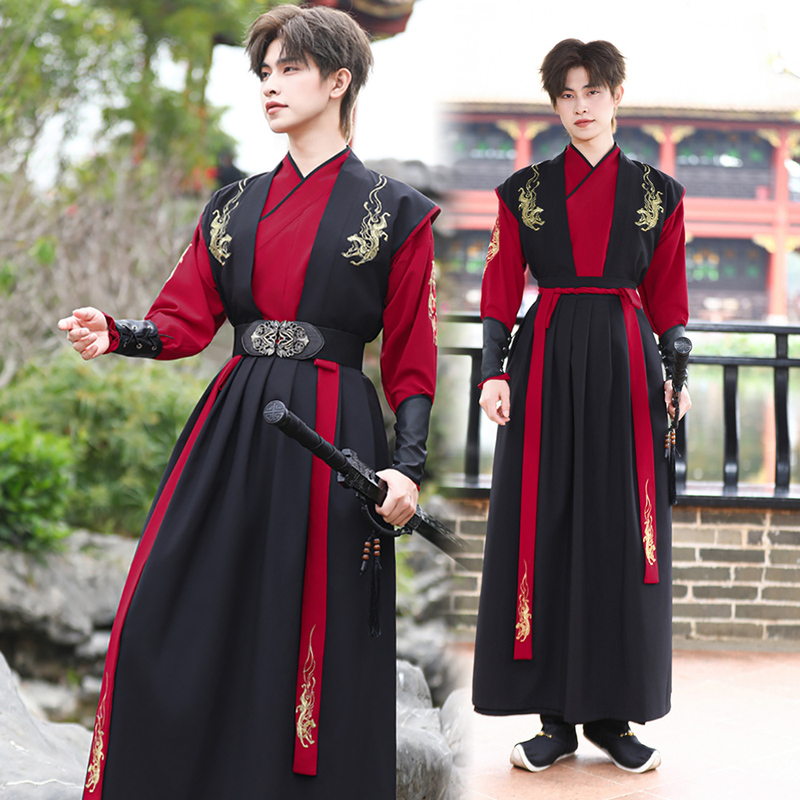 Chinese-Style Heavy Embroidery Dragon Pattern Half-Sleeve Mandarin Collar Hanfu Men's Large Size Ancient Costume Martial Arts Style Song Dynasty Men's Three-Piece Set