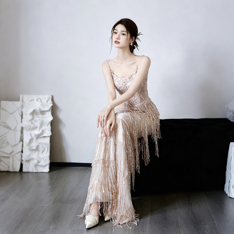 Dress with a Shiny, High-End Feel, Heavy Craftsmanship, Light Luxury, Suitable for Banquet Host, Wedding, Engagement, Coming-Of-Age Ceremony, Toast Attire, Bride, Women