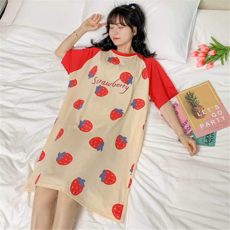 Đồ ngủ nữ mùa hè cotton ngắn tay dễ thương đồ ngủ dâu tây rộng rãi kích thước lớn mỏng phần phụ nữ mang thai mùa xuân và mùa thu dịch vụ tại nhà - Đêm đầm