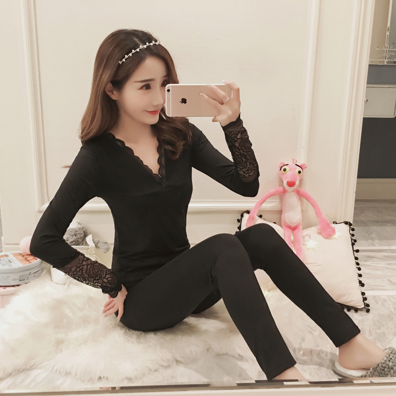 Autumn clothes, sanitary pants, women's hot clothes, body, student, V-neck suit, lace, thin section, plus velvet, bottoming, pajamas, winter