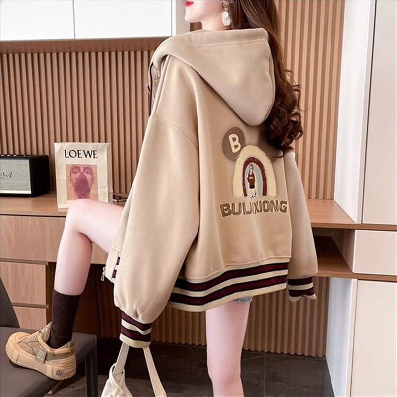 Spring, Autumn, and Winter American Retro Hooded Cardigan Sweatshirt for Girls, Junior High and High School Students, Casual Fleece Baseball Jacket Spring, Autumn, and Winter American Retro Hooded Cardigan Sweatshirt for Girls, Junior High and High School Students, Casual Fleece Baseball Jacket
