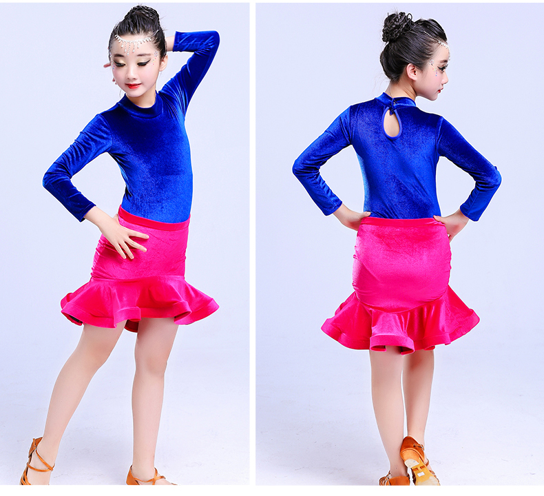 Mới cho trẻ em váy khiêu vũ Latin cô gái tay dài mùa thu và mùa đông Quần áo tập nhảy Latin trang phục sân khấu nhung vàng trang phục biểu diễn trẻ em