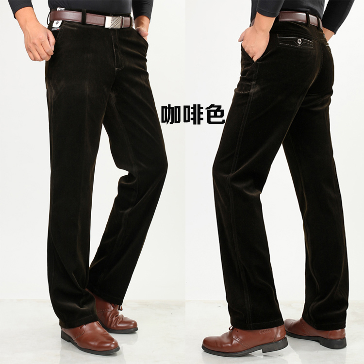 Quần nhung kẻ nam mùa thu đông cộng với quần nhung dày trung niên nhung cao eo thẳng quần dài giản dị quần nam quần giữ nhiệt nam