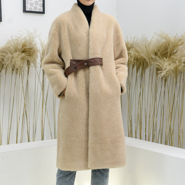 New Jane European custom-made sheep sheared grained lambswool coat for women mid-length loose fur all-in-one coat