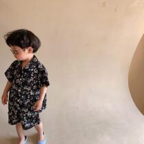 Boys summer shirt suit tide 2021 new childrens baby foreign style lapel shirt top shorts two-piece set