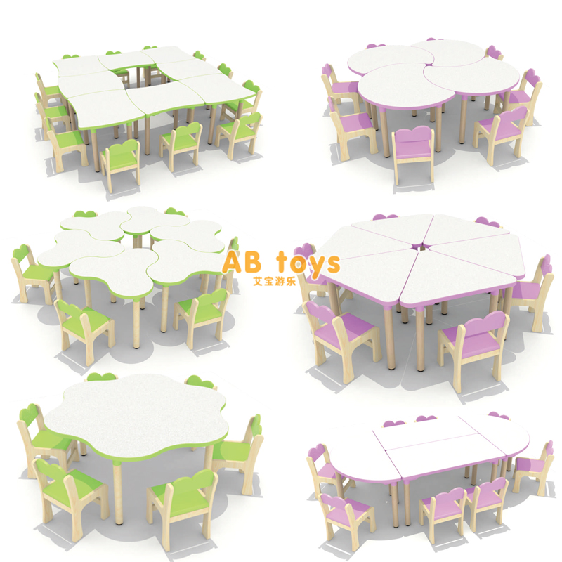 Kindergarten log rice point long square table eight-person table kindergarten six-person wooden desk children moon table Education table