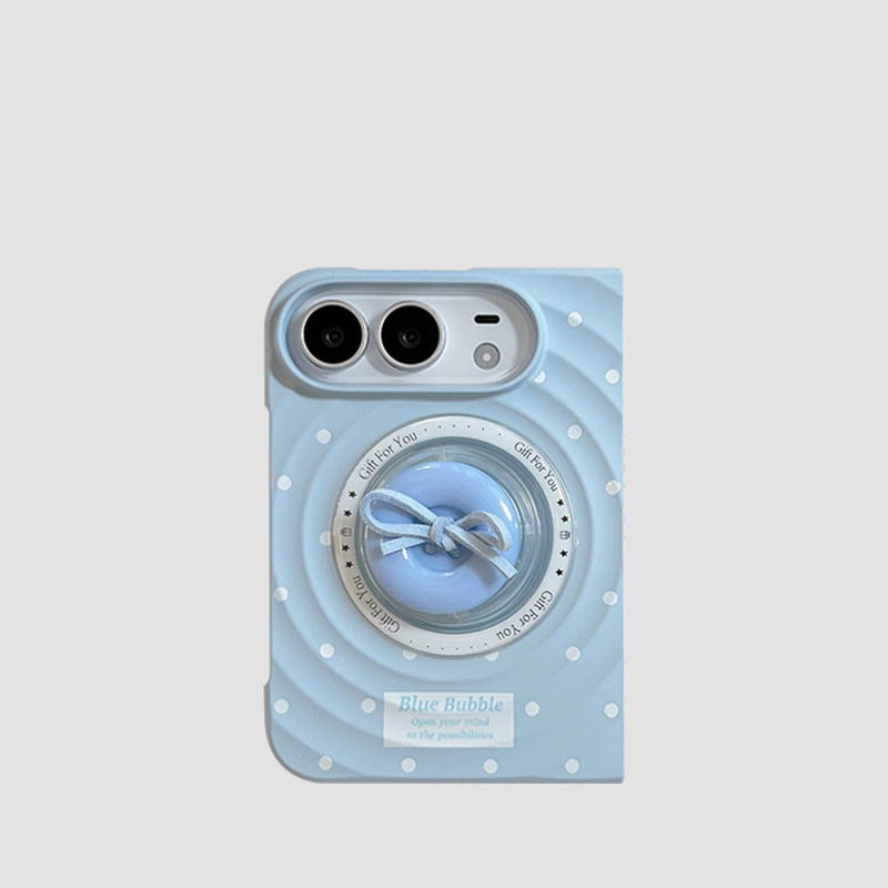 Japanese Demiu Artistic Sweet Milky Blue Polka Dot Button Magnetic Stand Suitable for iPhone Duo Foldable Screen Phone Case Apple Duo Girly Style Frosted Flip Cover Wave Pattern Protective Case
