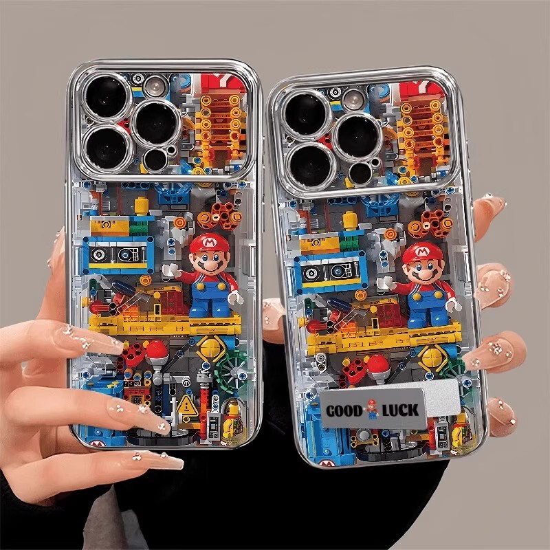 Japanese Demiu Suitable for iPhone 16 Pro Max Phone Case New Model 14 Cartoon 15 Pro Creative 13 Building Block Mario 17 Pro Max Invisible Stand Apple 17 Trendy Brand Silicone Anti-Drop