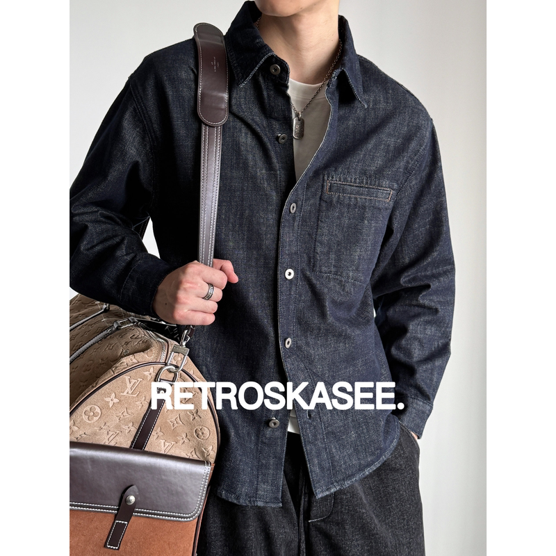 【406G Texture】American Retro Original Color Denim Shirt for Men 2026 Autumn Loose Casual Turn-Down Collar Washed Jacket