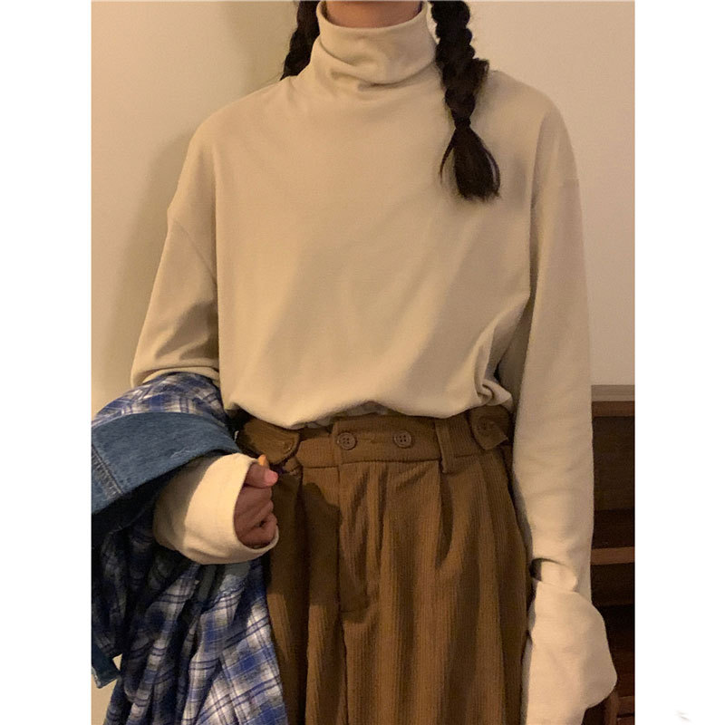 De Rong Half-High Collar Long-Sleeve T-Shirt for Women, Spring, Autumn, and Winter 2024 New Style Sweatshirt, Inner Layering Shirt, Loose Top for Layering