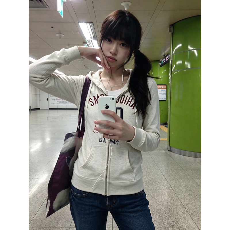 American Retro Patchwork Embroidered Sports Hooded Sweatshirt for Women, Autumn 2026 New Slim-Fit Zipper Cardigan Jacket