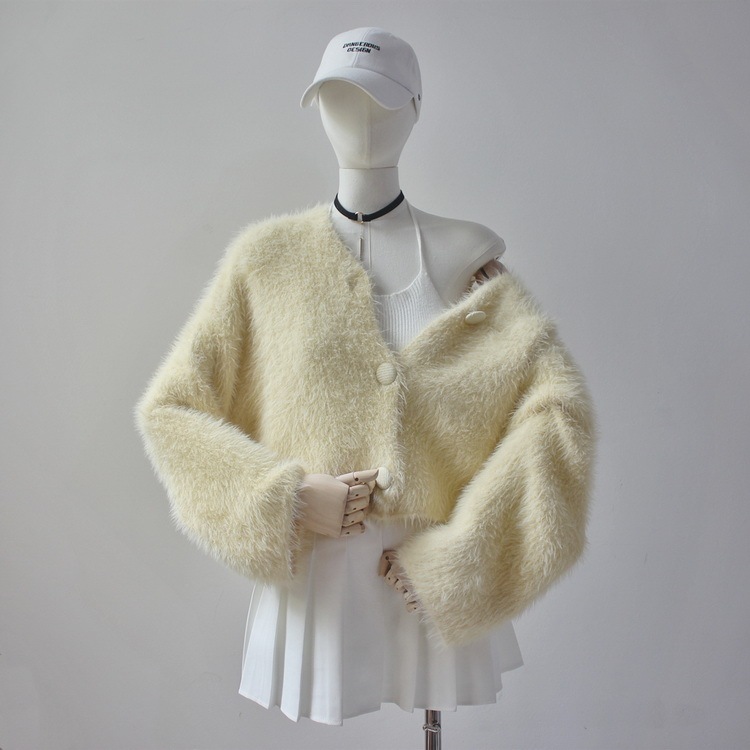 The Capital of Sweaters, Creamy Yellow Faux Mink Velvet Cardigan Sweater Jacket, Short Style, Soft and Gentle Top for Women