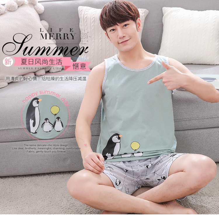 Của nam giới Đồ Ngủ Tank Sleeve Vest Bông Lỏng Mỏng Tay Áo Quần Short Teen Junior High School của Nam Giới Mùa Hè Bộ