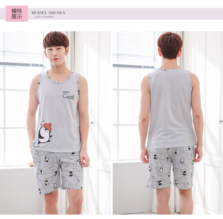 Của nam giới Đồ Ngủ Tank Sleeve Vest Bông Lỏng Mỏng Tay Áo Quần Short Teen Junior High School của Nam Giới Mùa Hè Bộ