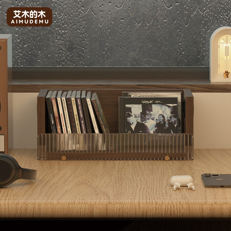 デスクトップ用CD収納ボックス、CD/LP収納ボックス、シンプルなウォールナットカラーのアルバムオーガナイザー、CD/レコード収納ボックス