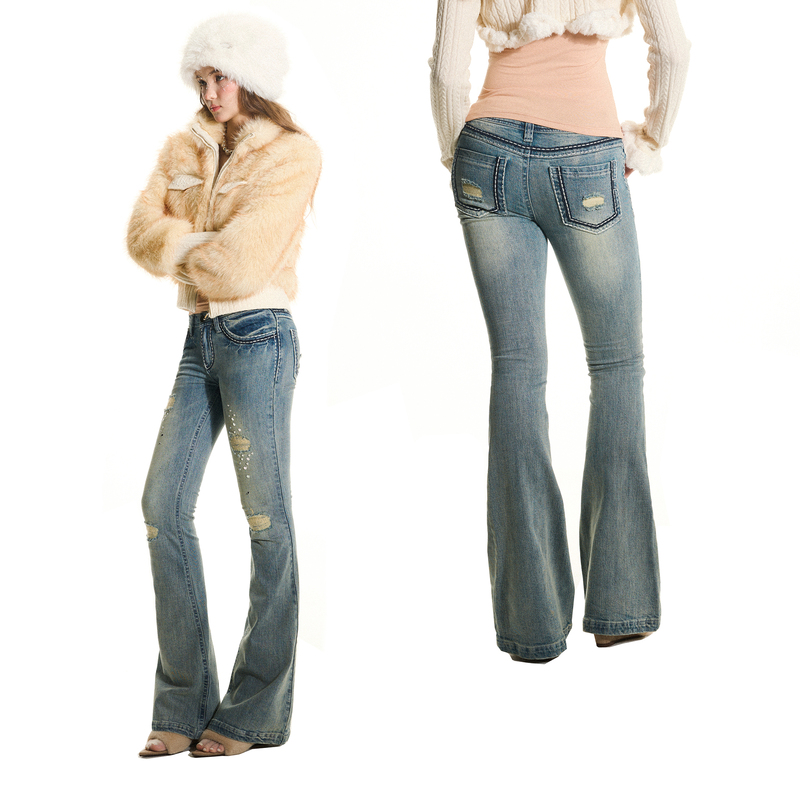 Side by Side 0421 Supermodel Design Original American Low-Rise Rhinestone Flared Light Blue Jeans