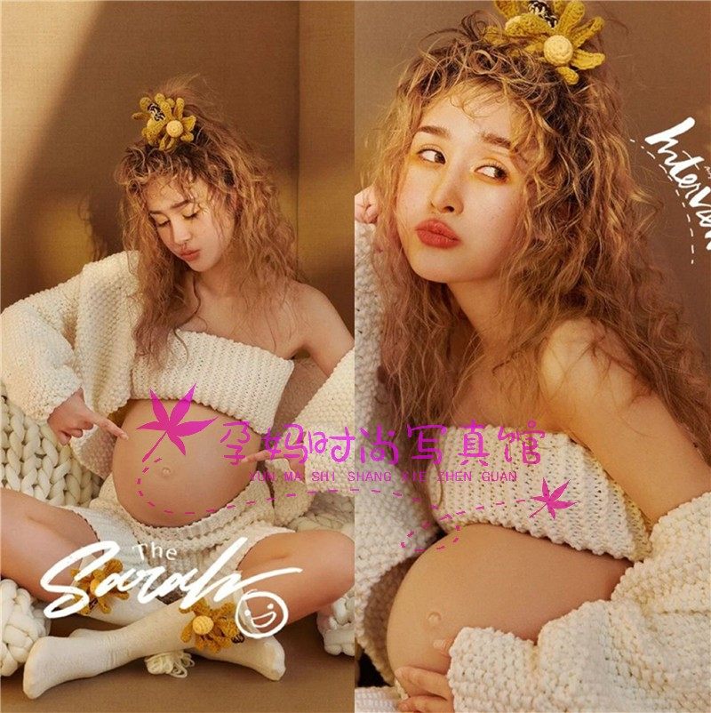 Pregnant Woman Writing True Themed Clothing Photo Gallery New Little Fresh Knit Fashion Sweater Big Belly Mommy Art Photo Shoot