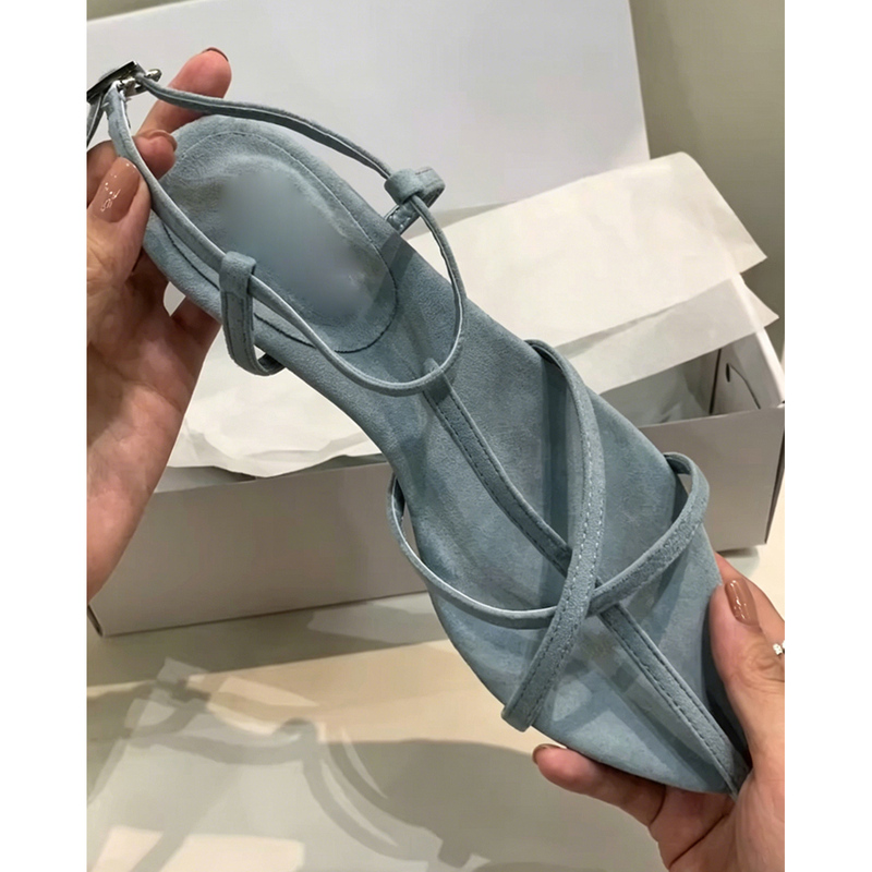 Sheepskin Version! Women's Sexy and Stylish Blue Pointed-Toe Sandals with Cross Straps, Beach Shoes with Chunky Heels, Roman-Style Shoes