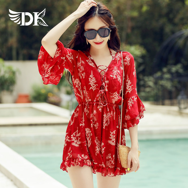 DK swimsuit women 2021 new bikini three-piece hot spring Conservative belly thin fairy fan lovers swimwear