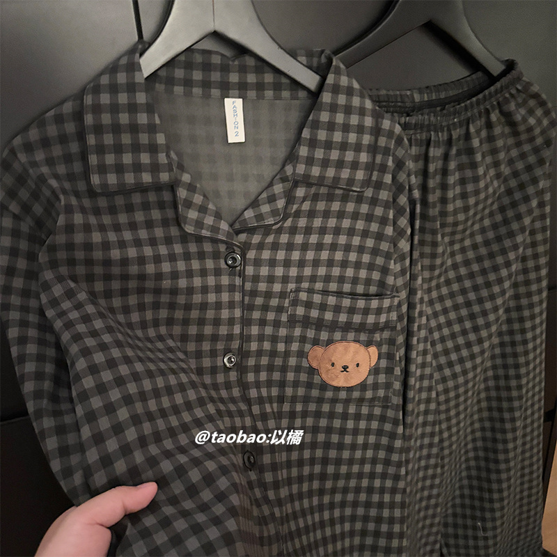 Plaid Cartoon Men's Pajamas Spring and Autumn Long-Sleeved Long Pants Pure Cotton Loose Large Size Korean Style Bear Home Wear Set
