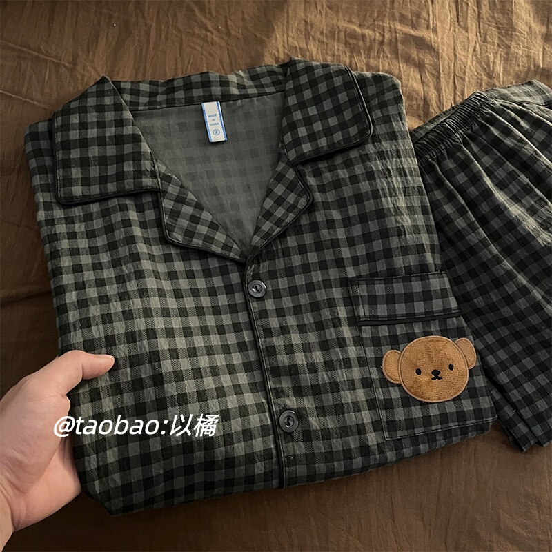 Korean-Style Simple Plaid Cartoon Men's Pajamas for Summer, Loose-Fitting, Large Size, Pure Cotton Short-Sleeved Three-Piece Set, Loungewear