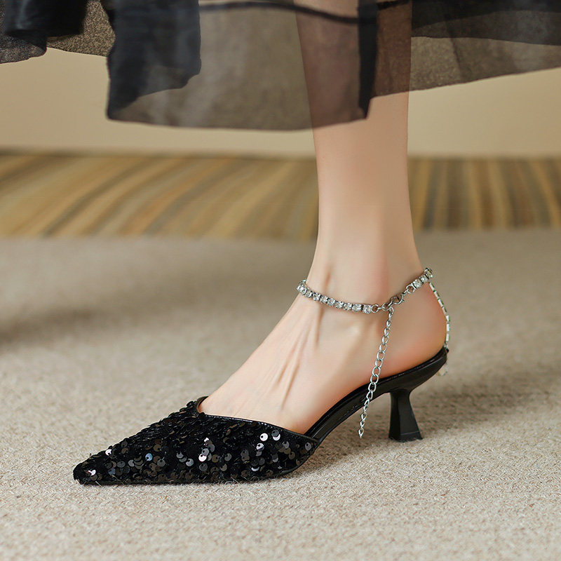 A D Hepburn~2022 summer new rhinestone Baotou back empty word buckle high heel pointed toe sequined sandals women