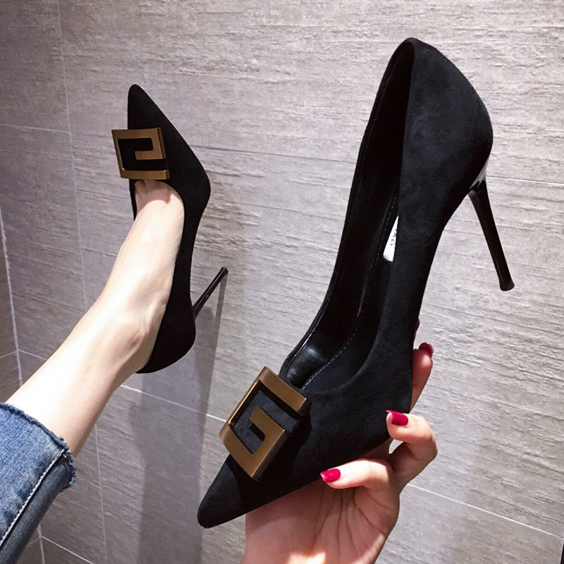 A D Hepburn~2022 Spring and Autumn Versatile Pointed-toe Single Shoes Black French Girls High Heels Female Stiletto Shallow Mouth