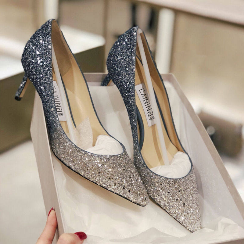 A D Hepburn crystal ~ high heels women's 2022 new thin heel sequin gradient shallow mouth pointy toe wedding shoes women