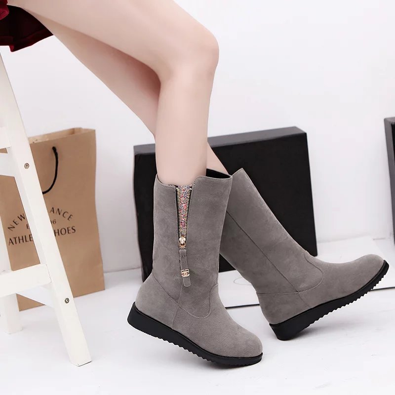 Giày cao gót nữ đế dày mm dày cộng với mỡ mùa đông chà cao ống đùi cao thấp với size lớn boot cổ ngắn