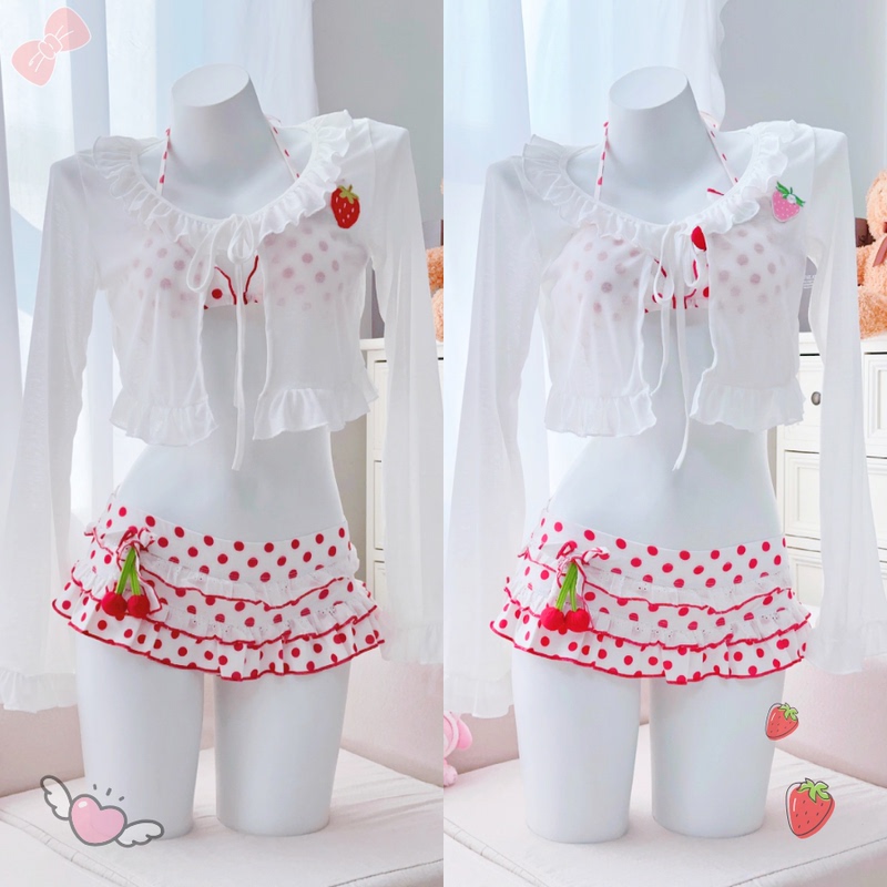 Little Brother Sweet and Cute Style White Ruffled Short Jacket Women's Tie Cardigan Strawberry Embroidery Blouse 8244