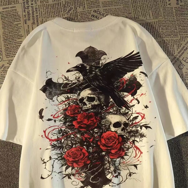 100% Pure Cotton European and American Trendy Brand Cross Skull Short-Sleeve T-Shirt for Men and Women, Loose Fit, Summer ins Street Style Top