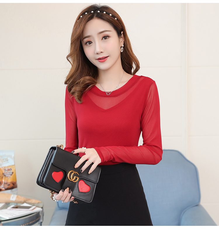 Áo cổ tròn ren đáy quần nữ 2018 mùa thu mới Han Fan Xiu áo liền thân màu lưới cỡ lớn áo thun lưới nhỏ áo khoác nữ đẹp