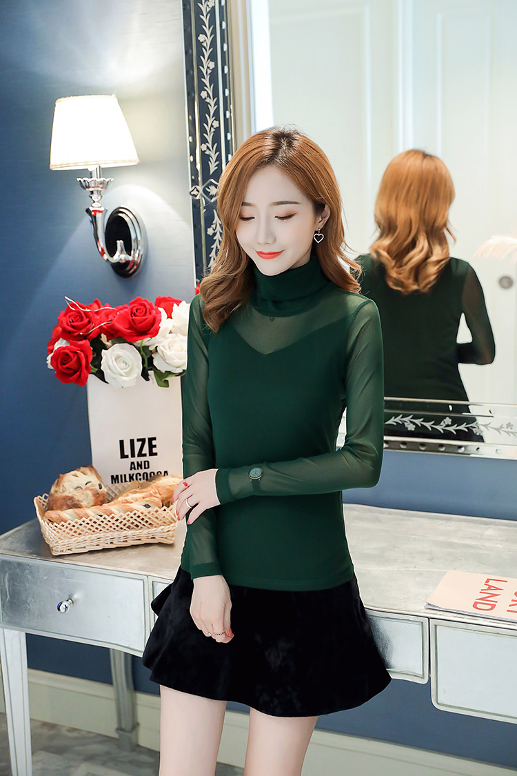 Áo cổ lọ cao cổ 2018 lưới mỏng gạc đáy quần nữ phiên bản Hàn Quốc mới của áo phông ren cỡ lớn áo thun dài tay áo sơ mi nhỏ áo phông đôi cho bạn thân nữ