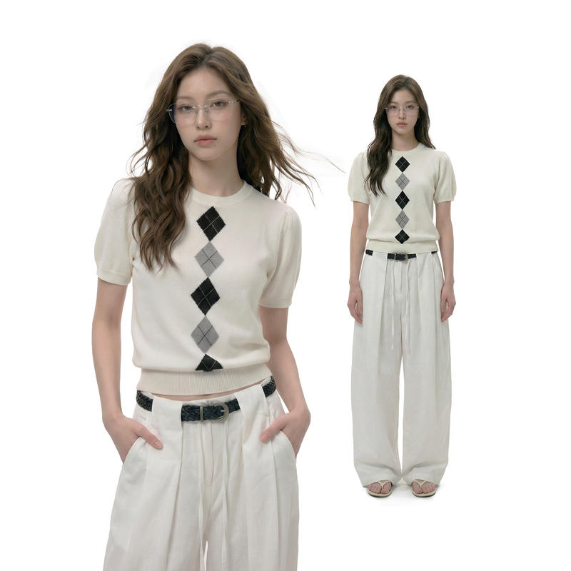 Symocolor2026 Summer New Style Old Money Style Wool Mulberry Silk Diamond Knit Short-Sleeved T-Shirt Women's Slimming Top