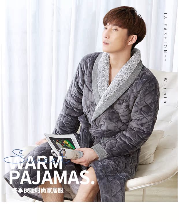 Áo ngủ cotton mùa đông nữ cộng với nhung tăng áo choàng tắm nam đồ ngủ ấm flannel dày cộng với áo ngủ dài đôi váy ngủ nam 