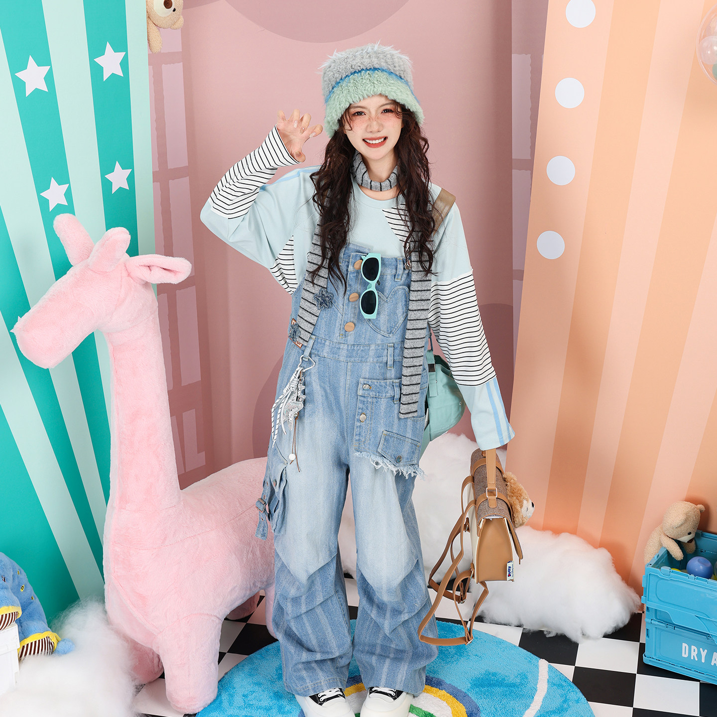 ๐ Autumn sweet and cool double waist pu shoulder strap pants | Preppy ...