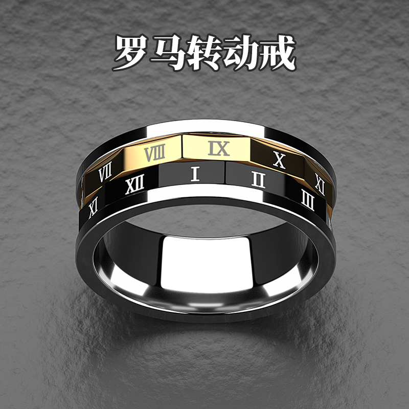 Free lettering Rome digital titanium steel ring male index finger ring can turn ring retro fashion tide man